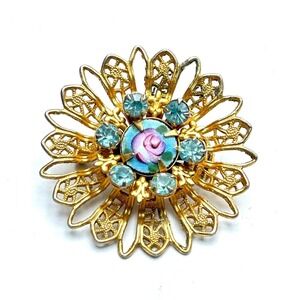 Vintage‎ Filigree Floral Brooch Rose Enamel & Aqua Rhinestones Gold Tone 50s–60s